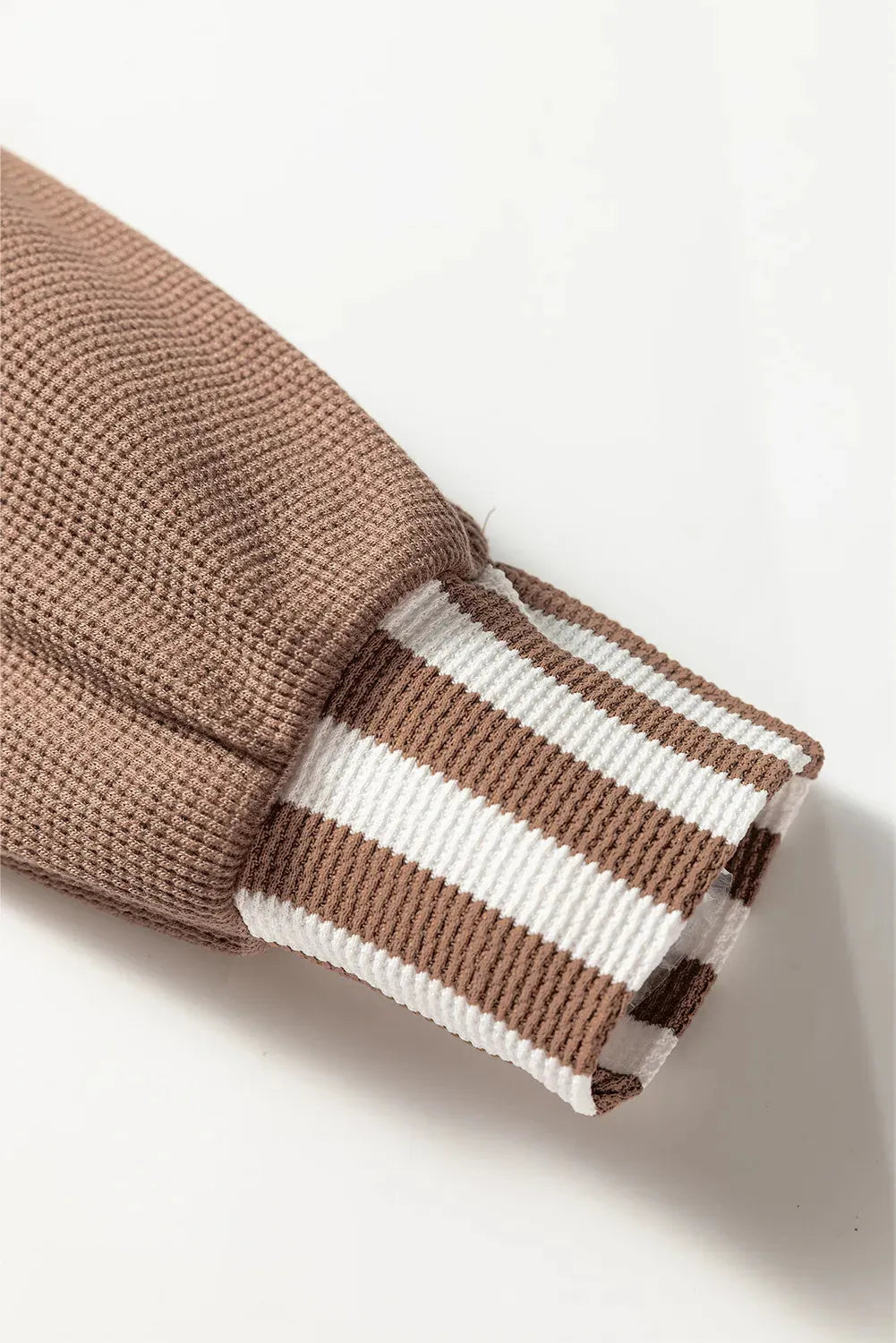 Straw yellow striped patchwork hoodie with waffle texture, button neck, and drawstring hood