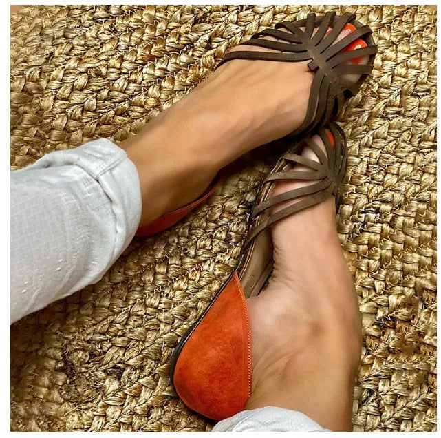 Women's dark brown casual sandals with a square buckle, ankle strap, and herringbone toe.