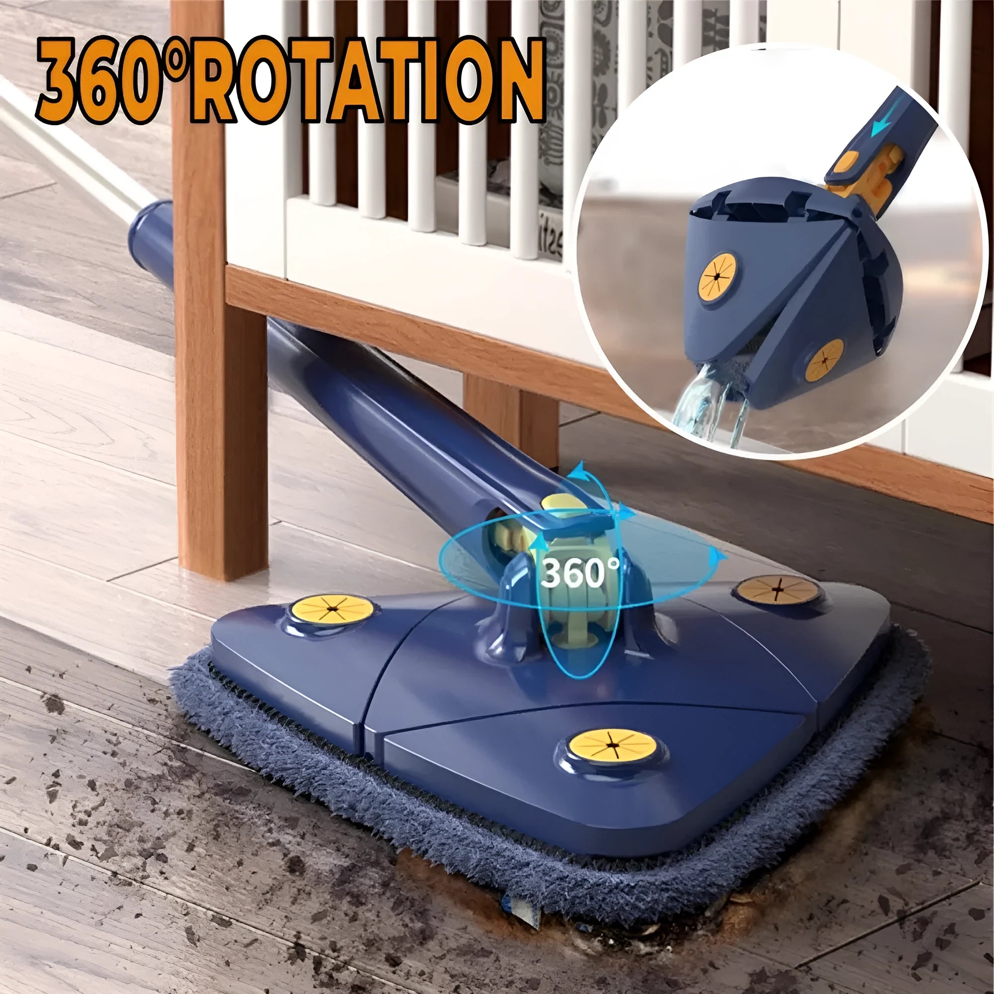 Extendable triangle cleaning mop with 360-degree rotating head and stainless steel pole