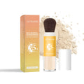 Close-up of an open 8g compact of talc-based sunscreen setting powder with a puff.