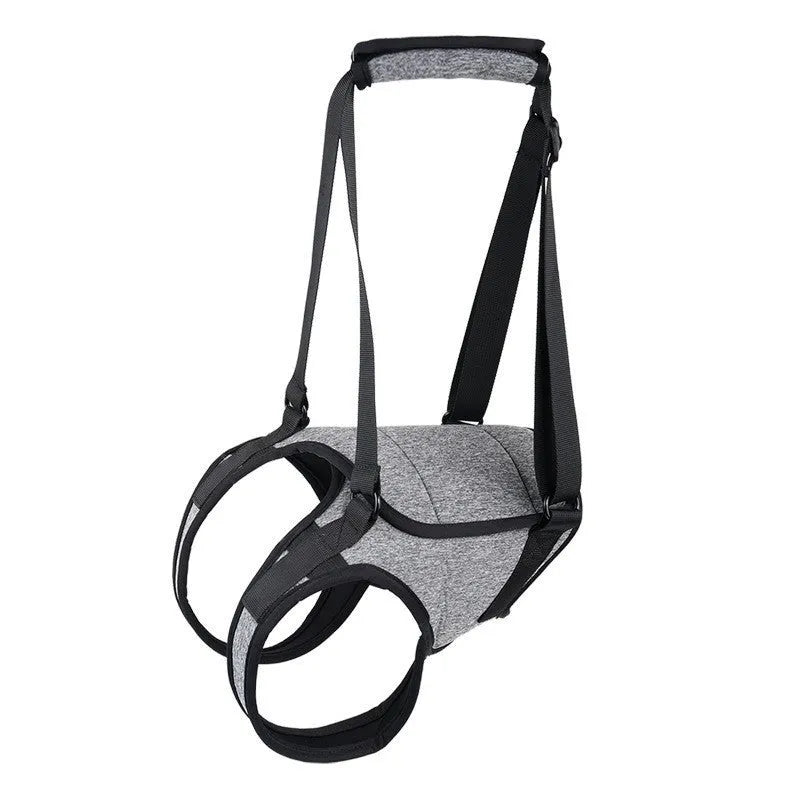 Grey neoprene dog recovery belt with adjustable waist and thigh straps for rear leg support