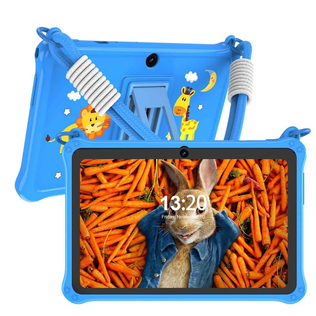 Sapphire blue silicone protective case for a 7-inch children's tablet, showing the flat strap handle.