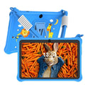 Sapphire blue silicone protective case for a 7-inch children's tablet, showing the flat strap handle.