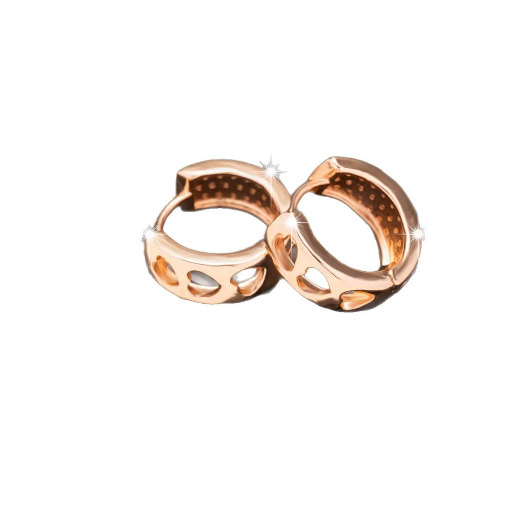 A pair of rose gold women's earrings with three hollowed-out heart shapes in a circular design.