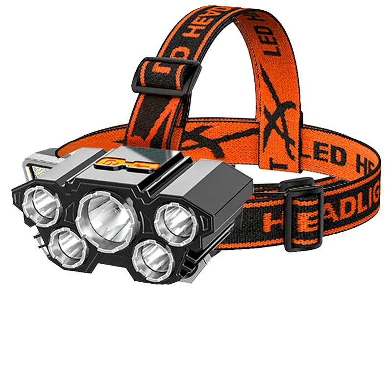 Head-mounted LED miner's lamp with head strap, 10W power output, in sunrei colour with data cable