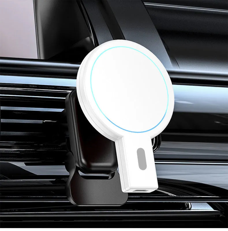 Black and white magnetic wireless charging pad with USB cable showing compact dimensions