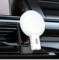 Black and white magnetic wireless charging pad with USB cable showing compact dimensions