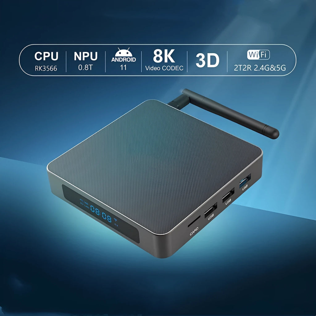 Black Android TV Box with remote, HDMI cable, and power adapter for 8K streaming.