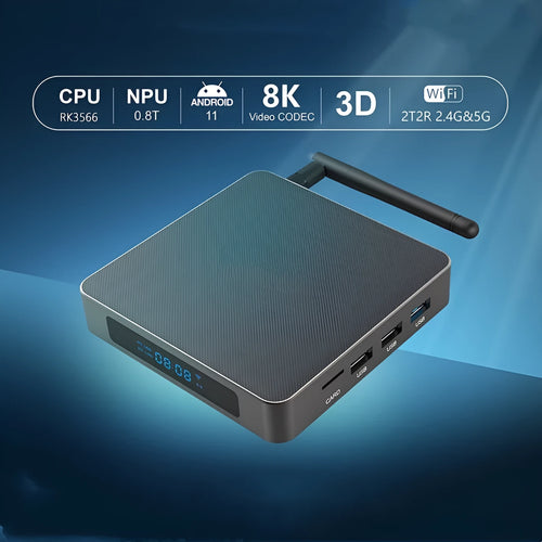 Black Android TV Box with remote, HDMI cable, and power adapter for 8K streaming.
