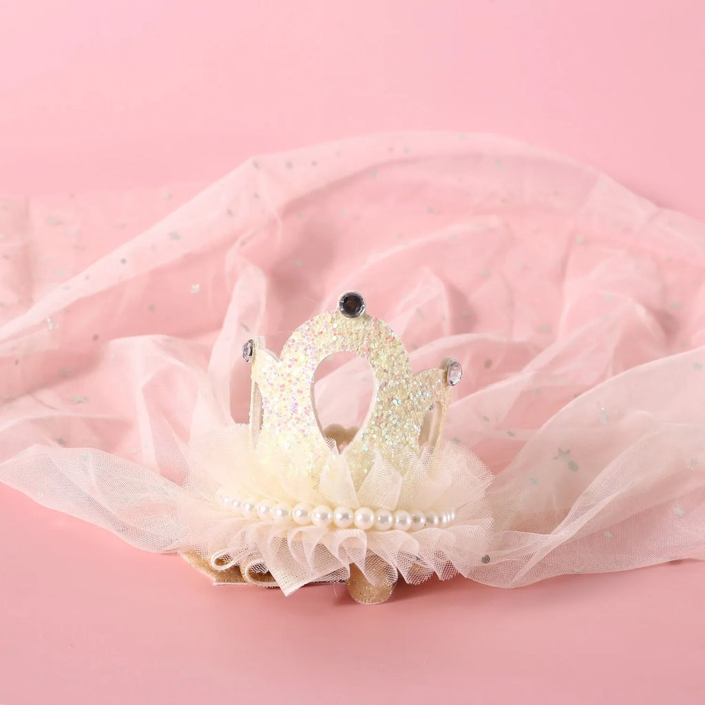 Princess-style cat wedding crown headdress with veil in beige and pink colour options