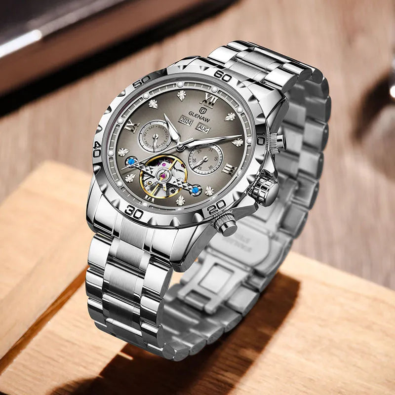 Men's automatic mechanical watch with stainless steel strap and mineral glass