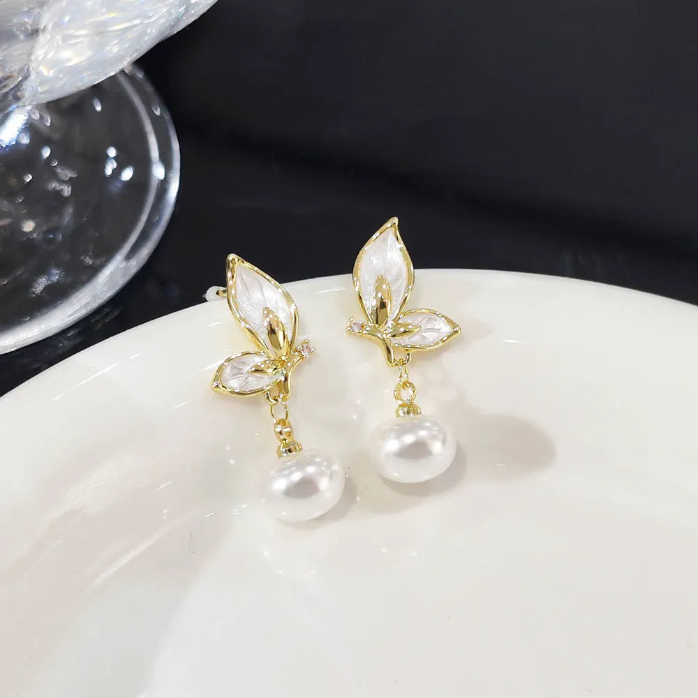 Gold tone butterfly earrings with zircon painting on copper for women