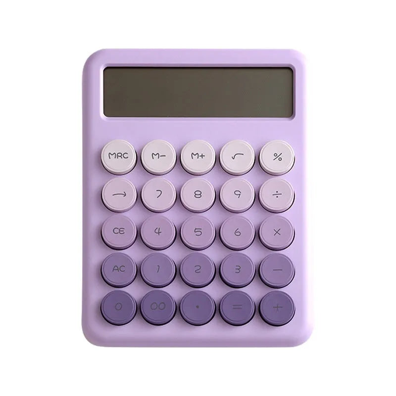 Desk calculator with gradient colour design in violet, pink, blue, or green on a white background.