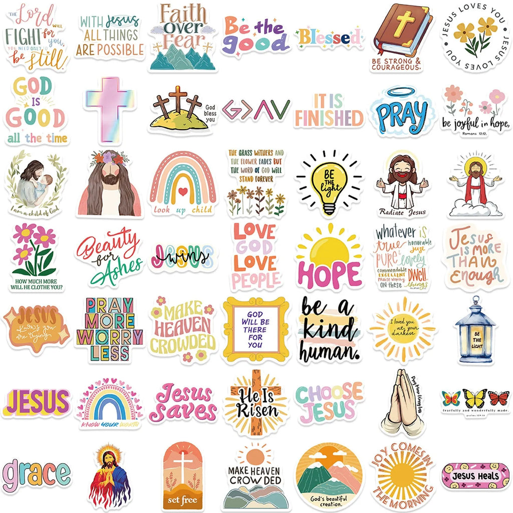 Assortment of colourful printed graffiti vinyl stickers from a 50-piece decorative pack.