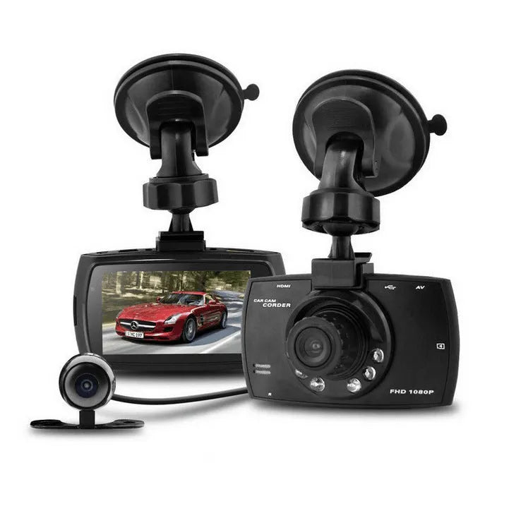 G30 HD car DVR dual camera system showing front and rear recording with night vision and reversing display