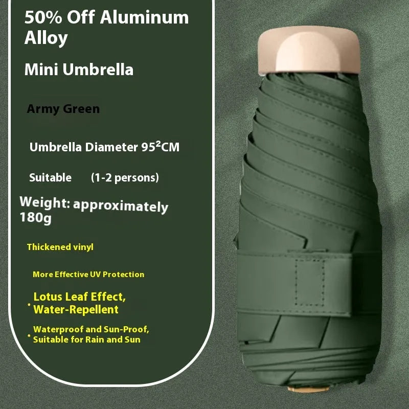 Closed five-fold manual umbrella showing one of eight colour options: beige, black, blue, dark green, navy blue, pink, yellow, or purple.