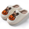Halloween pumpkin pattern house slippers in plush velvet cotton with non-slip rubber soles