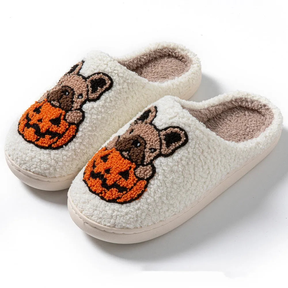Halloween pumpkin pattern house slippers in plush velvet cotton with non-slip rubber soles