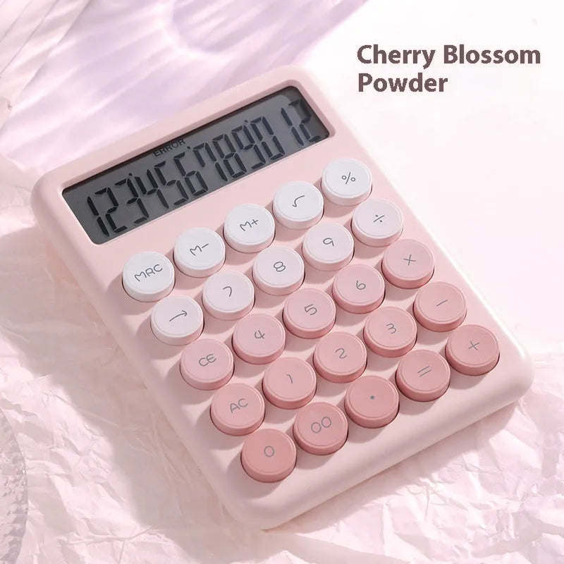 Desk calculator with gradient colour design in violet, pink, blue, or green on a white background.
