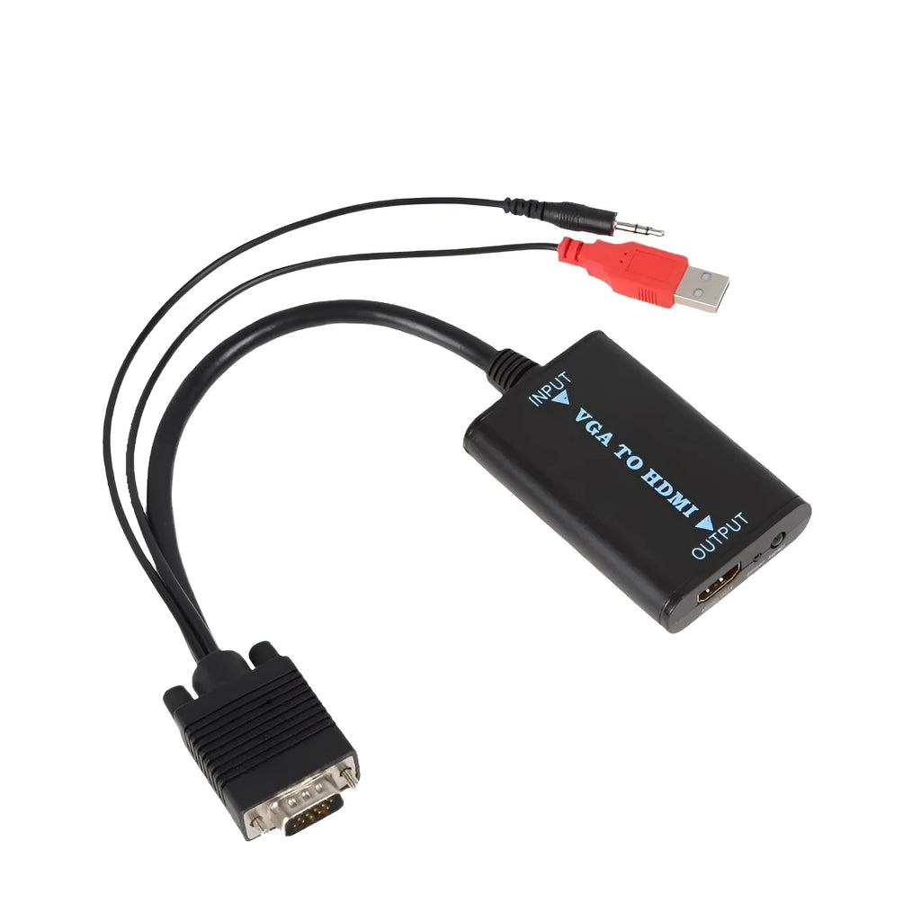 Black VGA to HDMI female converter with attached USB power cable for 1080p video conversion.