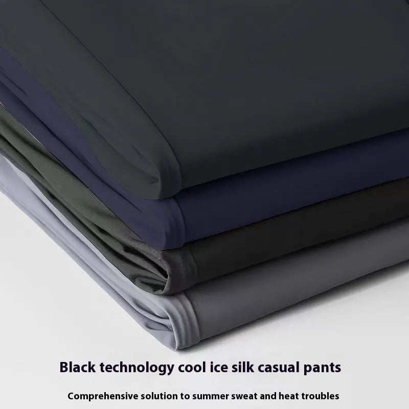 Men's ice silk trousers in black with loose straight cut and elastic waistband