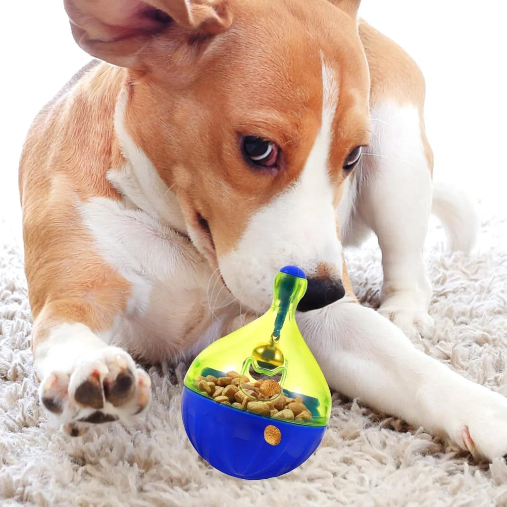 Interactive pet treat dispenser tumble ball toy measuring 14x10x10cm for dogs and cats