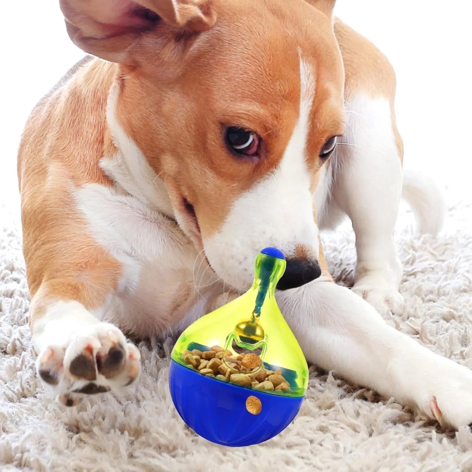 Interactive pet treat dispenser tumble ball toy measuring 14x10x10cm for dogs and cats