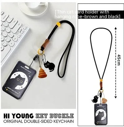 Cute black cartoon cat design plastic card holder with a metal ferrule pendant attached