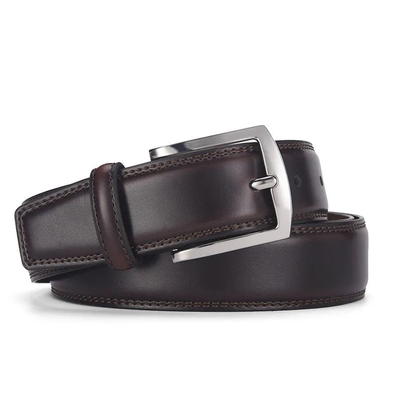 Men's black leather belt with a silver alloy pin buckle, showing the patent leather finish.