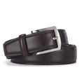 Men's black leather belt with a silver alloy pin buckle, showing the patent leather finish.