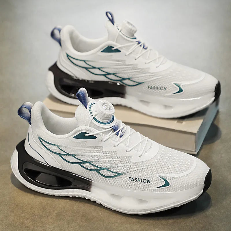 Men's low-top sneaker with a rotating button closure on the side, shown in light blue mesh.