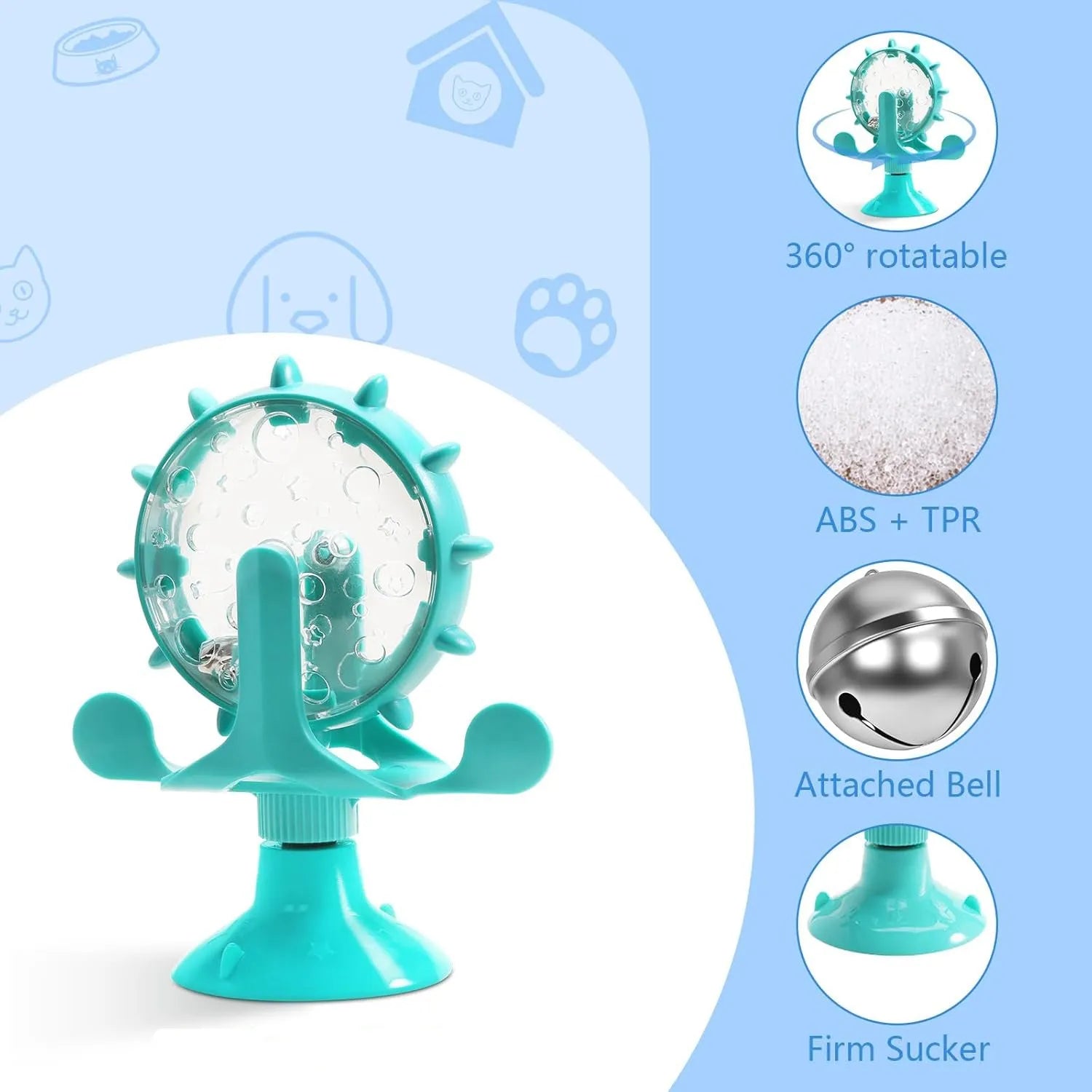 Blue interactive pet puzzle feeder toy with rotating spinner and sucker base for cats and dogs