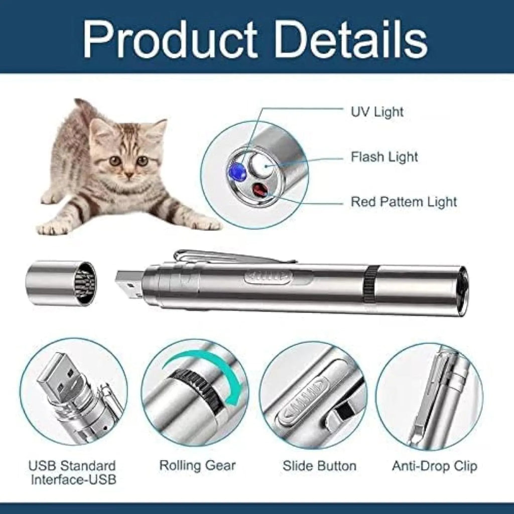Silver aluminium alloy cat laser pointer toy with USB charging port and multiple light patterns.