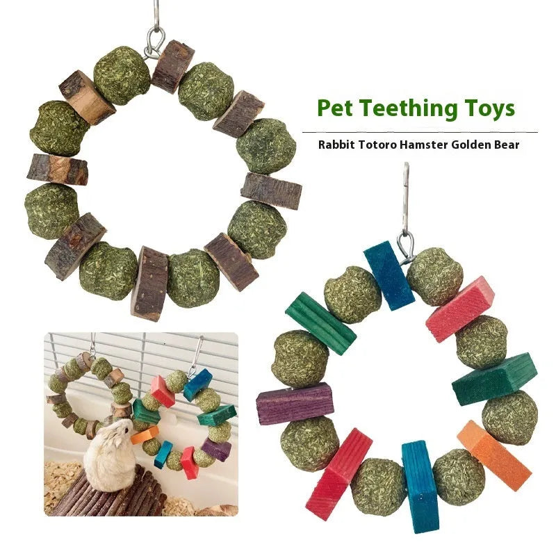 Hamster toy with straw ball ring and applewood chew rod for small pets