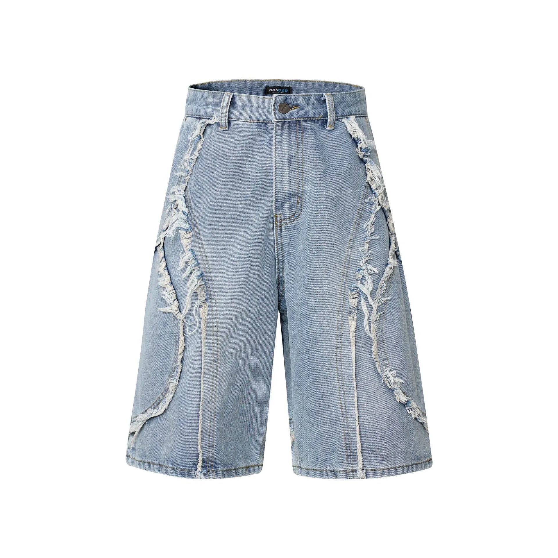 Distressed raw edge denim shorts in light blue, straight leg cropped cut.