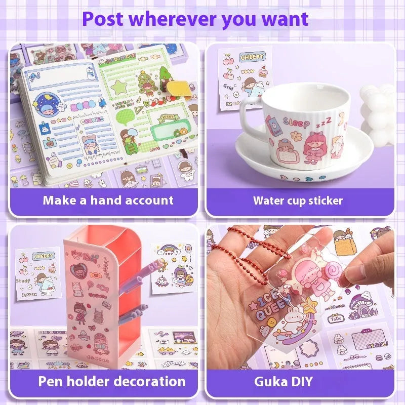Box of children's stickers for card notebooks in five colour themes including Meatball cute everyday and peach tea party