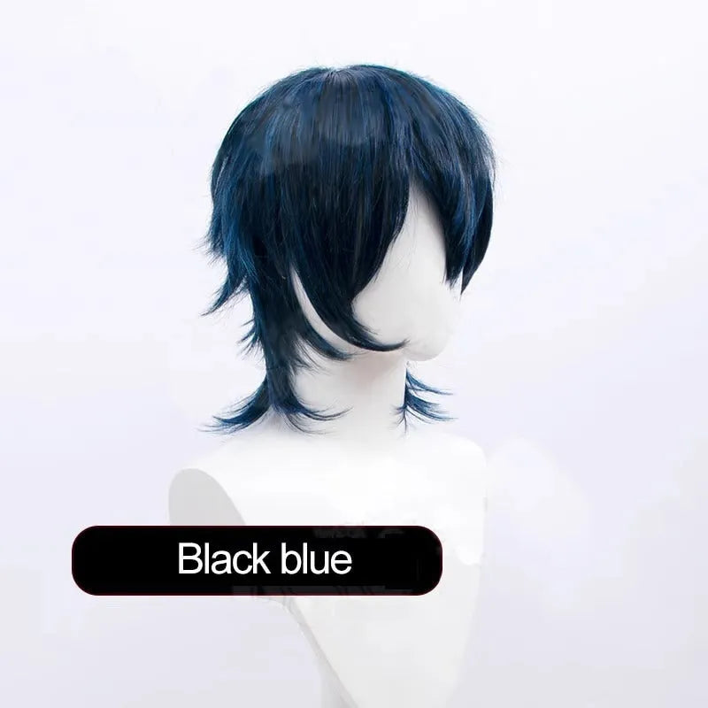 Short black and red anime cosplay wig for men with a lengthened hair tail.