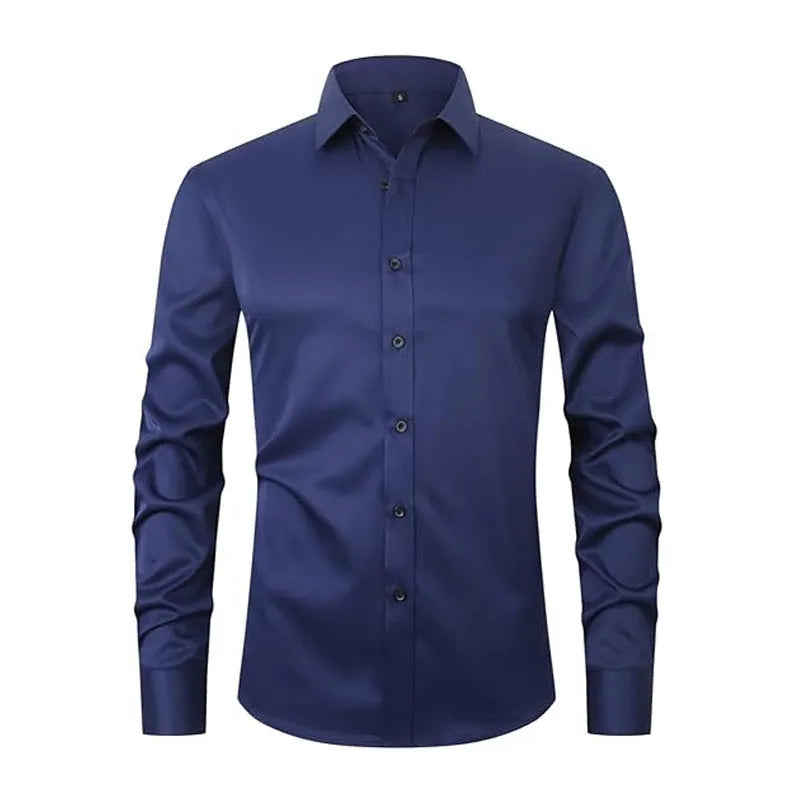 Men's stretch long sleeve work shirt in polyester fabric on a hanger