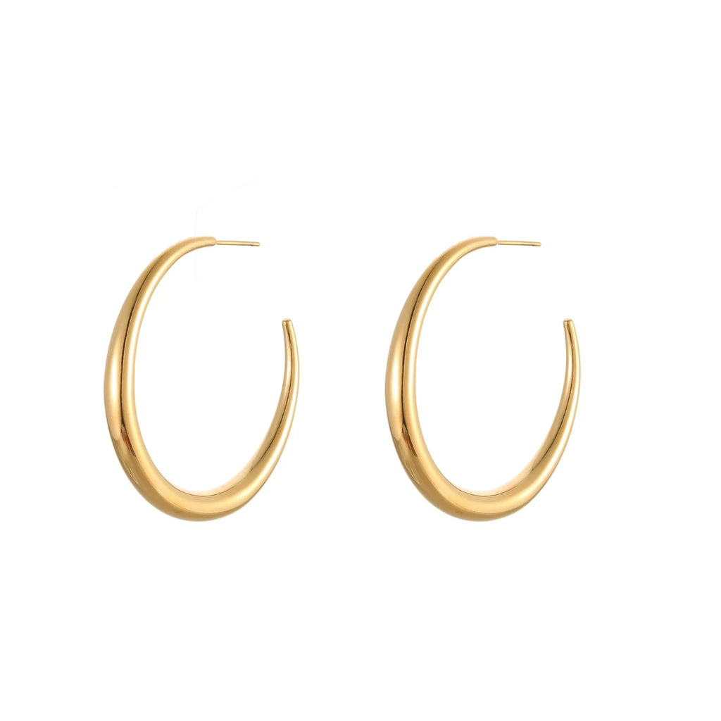Geometric round hoop earrings in titanium steel with 18K gold plating, available in small and large sizes