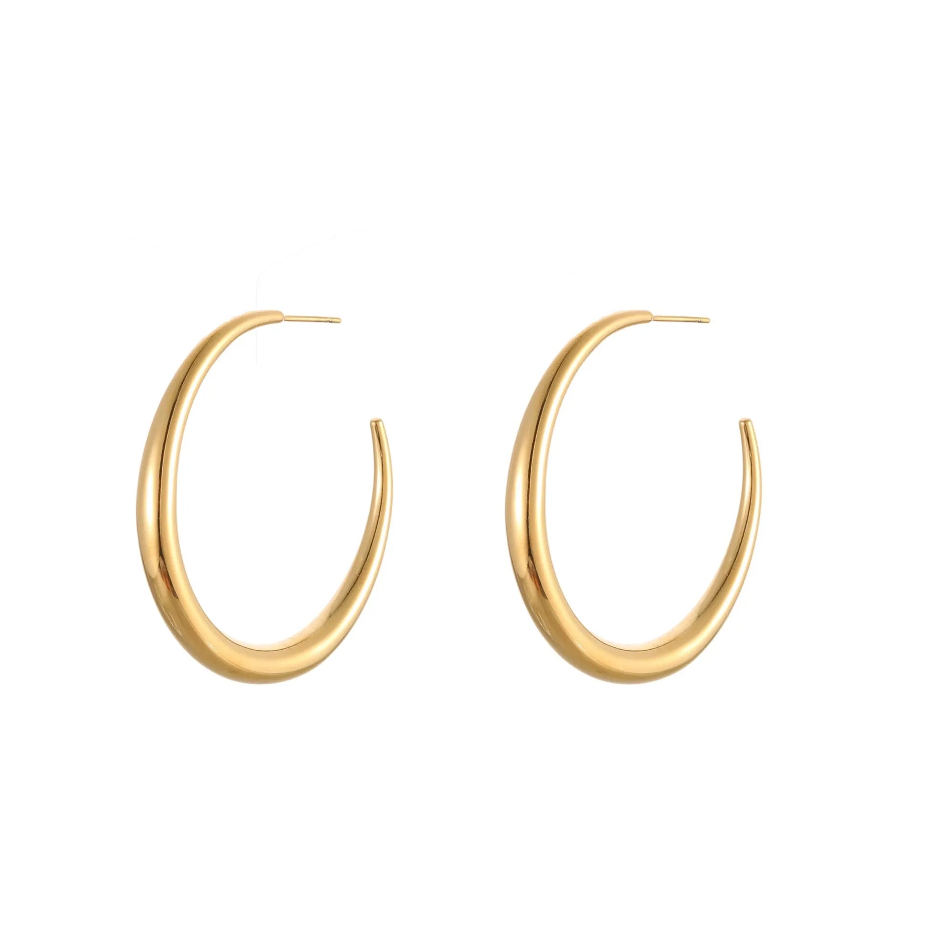 Geometric round hoop earrings in titanium steel with 18K gold plating, available in small and large sizes
