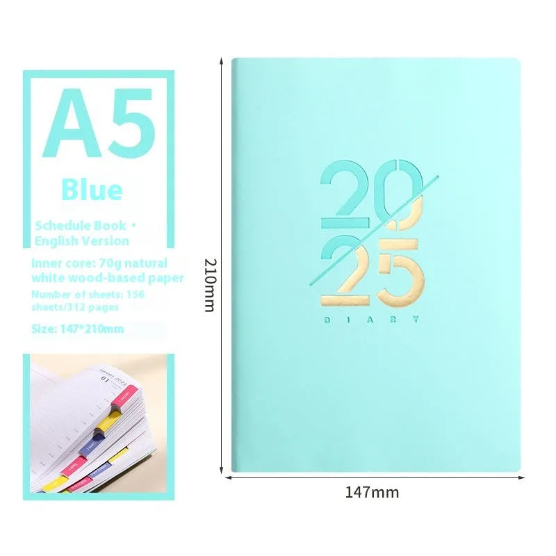 A5 daily planner with soft faux leather cover open to show dot grid pages