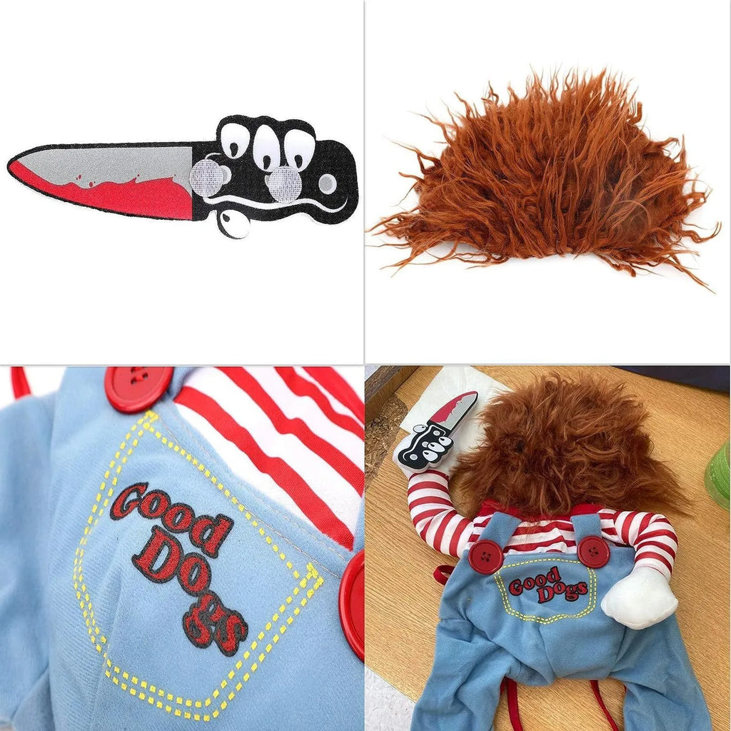 Striped Halloween harness pants costume for dogs and cats with fake knife prop, three-piece set
