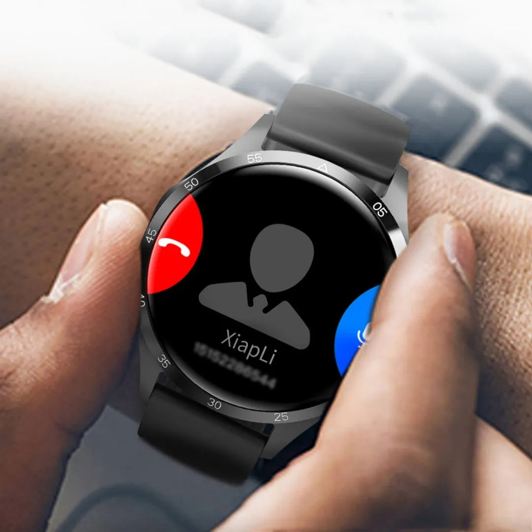 Black smartwatch with Bluetooth calling on a silicone strap, showing a TFT display with health metrics.