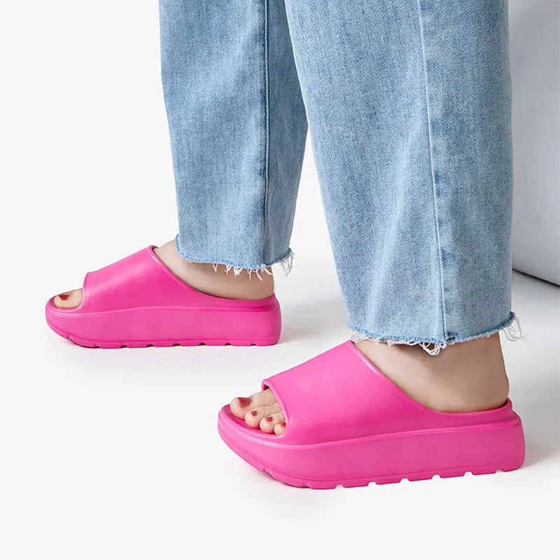 Women's fish mouth slippers with a thick 5.5cm light-coloured EVA sole, shown in beige.