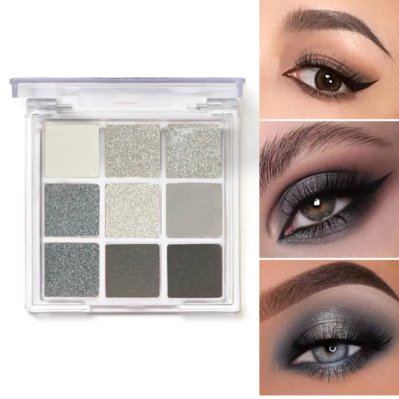 Smoked design nine-colour eyeshadow palette showing white, silver, black, and iron grey shades
