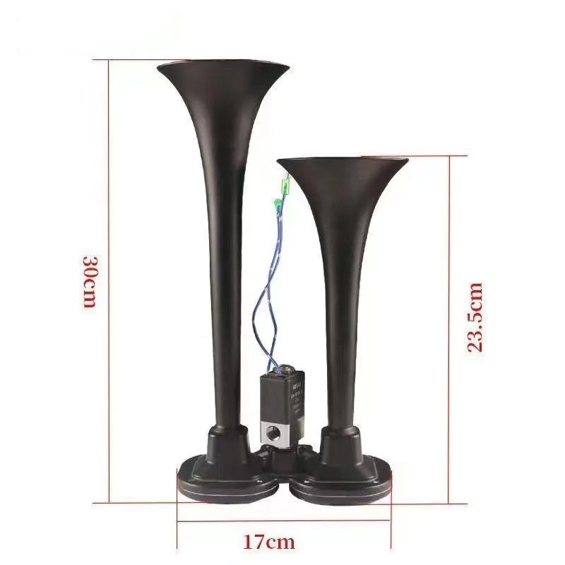 Black dual trumpet air horn kit for 12V and 24V vehicle systems