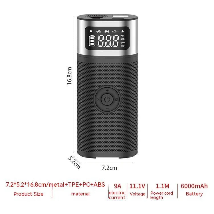 Black portable wireless smart vehicle air pump with LED light and USB cable