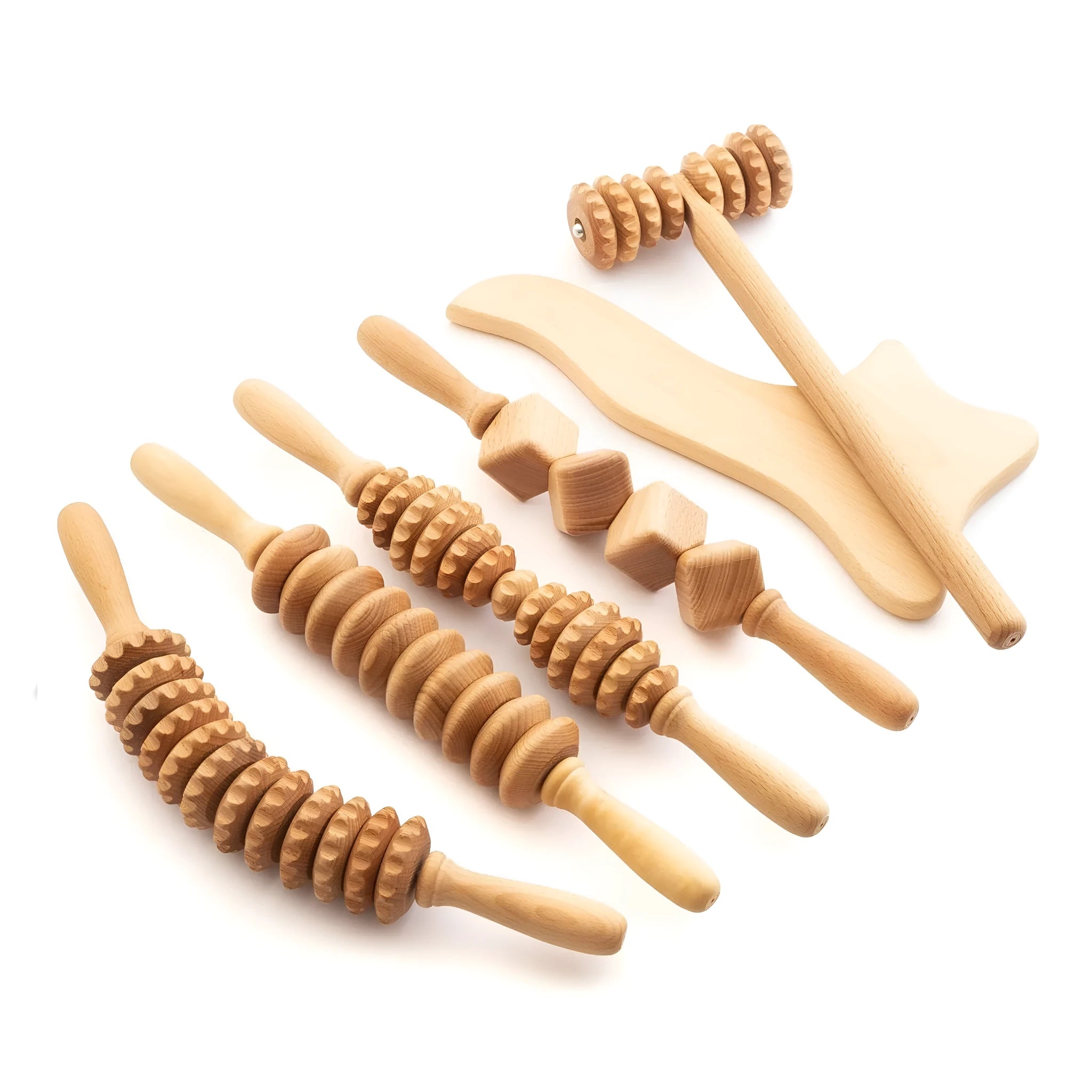 Wooden massage roller set with beech wood tools including T-shaped roller and multiple wheel configurations