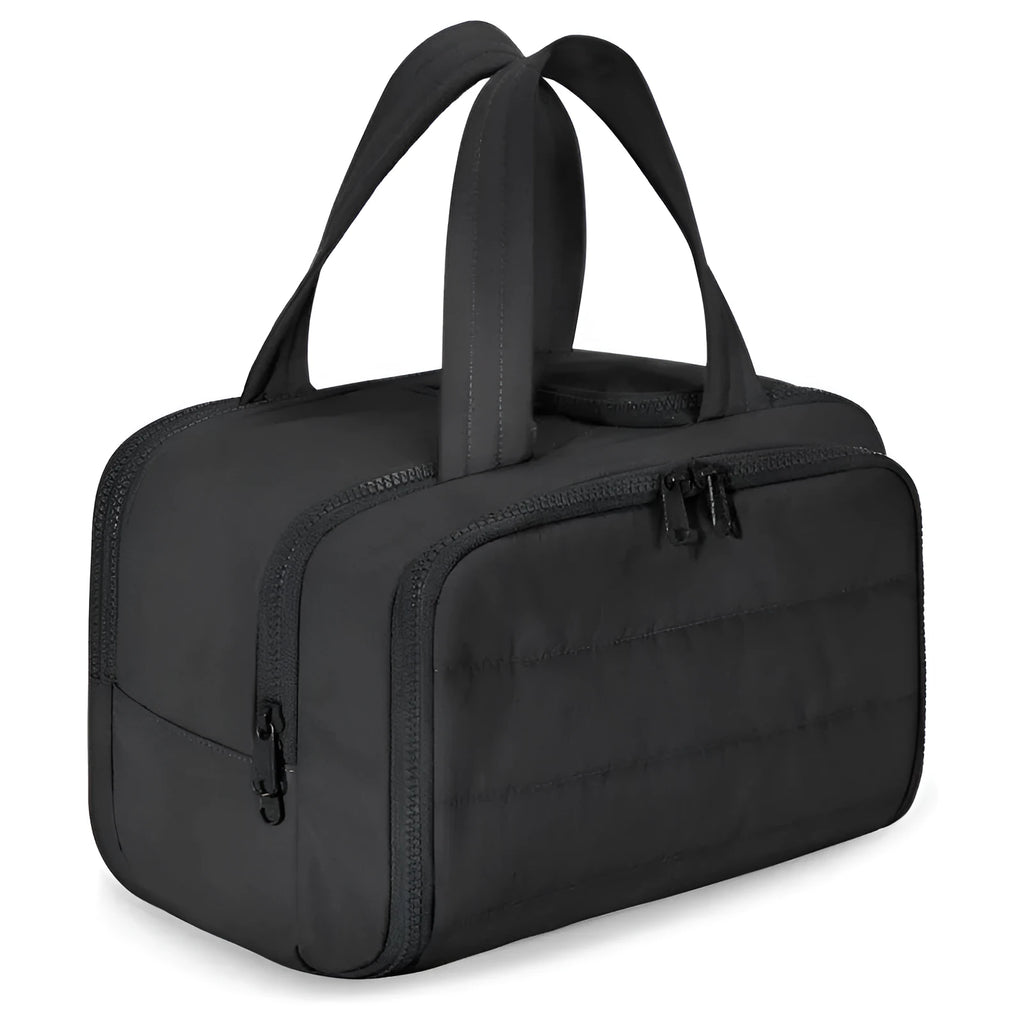 Lightweight large travel toiletry bag in a simple modern style with a wide opening.
