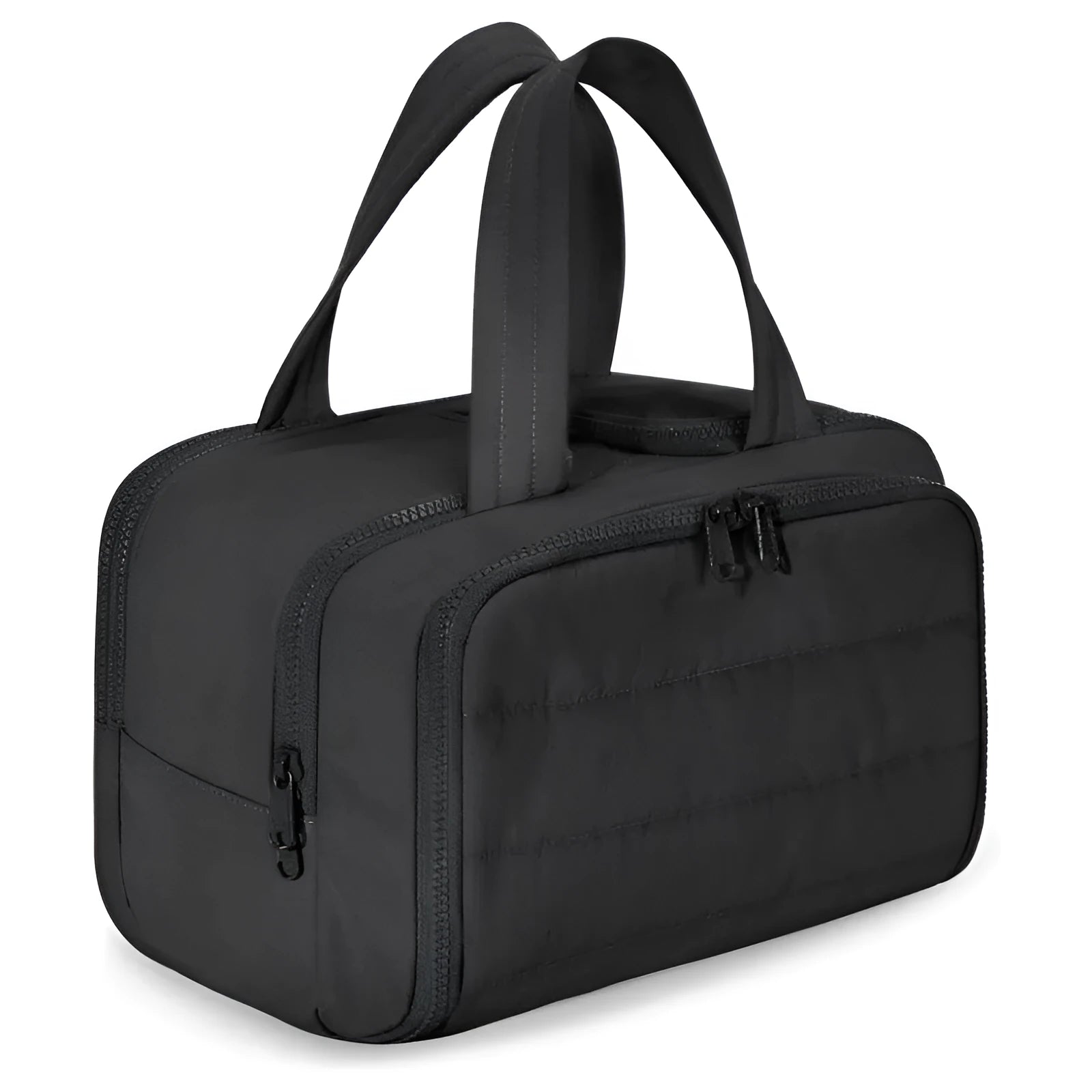 Lightweight large travel toiletry bag in a simple modern style with a wide opening.